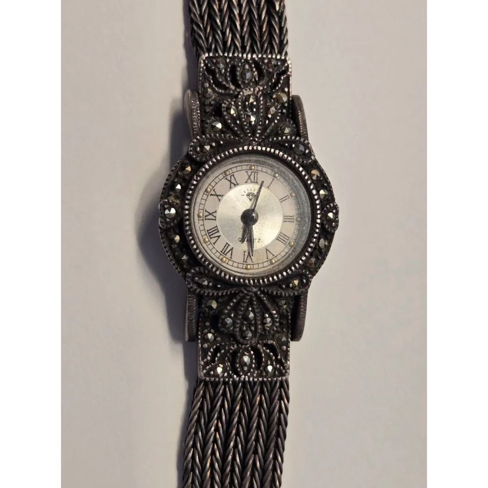 Vintage Women's sterling silver Watch, marcasite OS, Black Accents